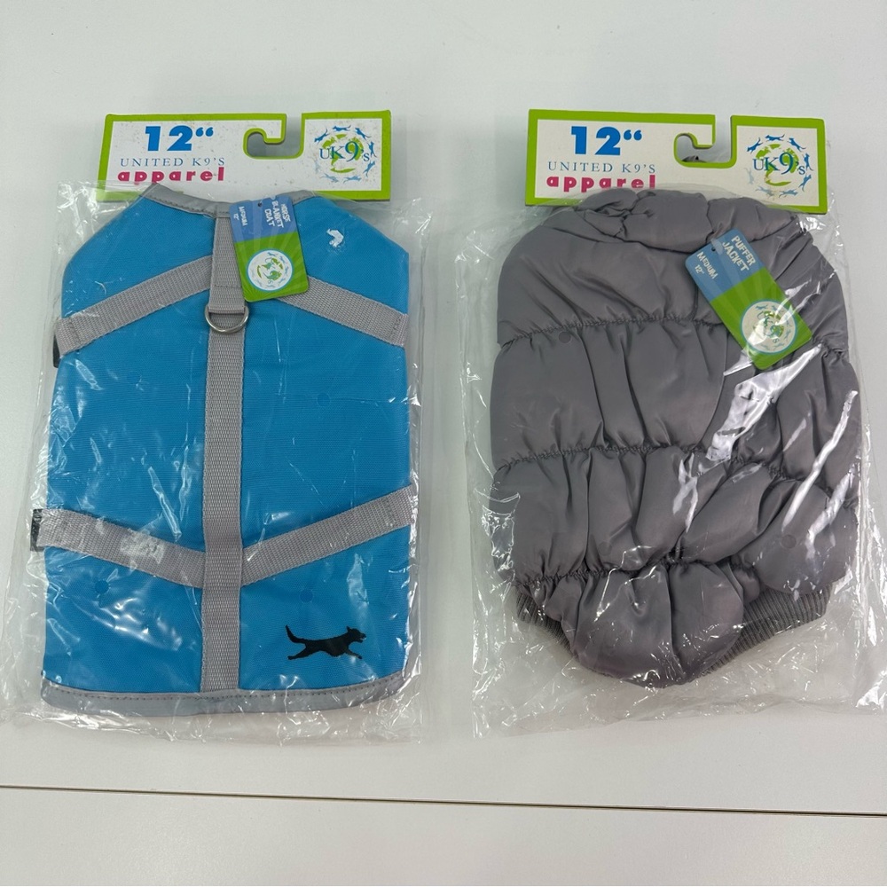 United K9's Lot of Two 12" Dog Coat-Blue Horse Blanket Coat & Gray Puffer Jacket